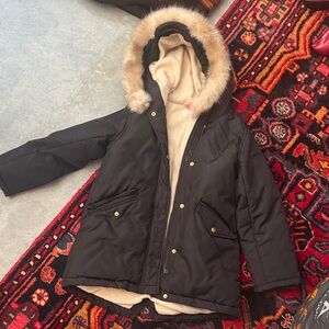 Black Hooded Winter bomber Coat with Fur Trim crewcuts